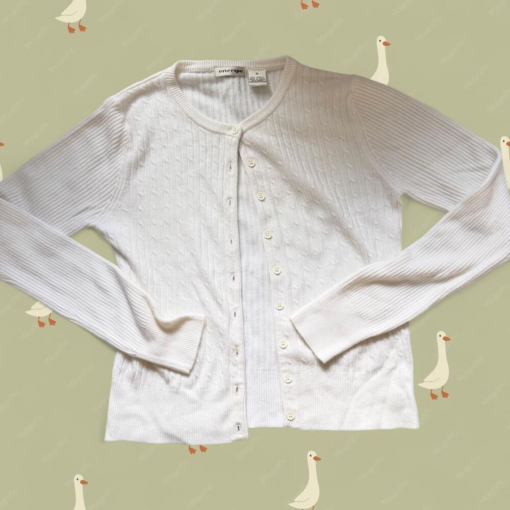 Vintage Preppy Y2K Energie White Cable Knit Cardigan Sweater Size M